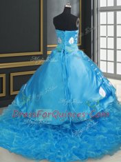 Baby Blue Organza and Taffeta Lace Up Quinceanera Dresses Sleeveless With Brush Train Embroidery and Ruffled Layers
