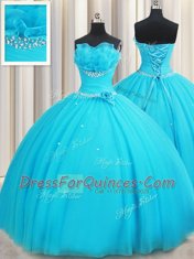 Aqua Blue Lace Up Ball Gown Prom Dress Beading and Ruffles and Hand Made Flower Sleeveless Floor Length