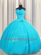 Aqua Blue Lace Up Ball Gown Prom Dress Beading and Ruffles and Hand Made Flower Sleeveless Floor Length