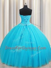 Aqua Blue Lace Up Ball Gown Prom Dress Beading and Ruffles and Hand Made Flower Sleeveless Floor Length