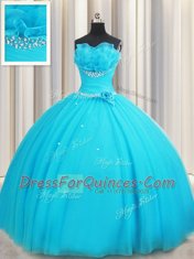 Aqua Blue Lace Up Ball Gown Prom Dress Beading and Ruffles and Hand Made Flower Sleeveless Floor Length