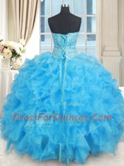 Simple Baby Blue Lace Up Sweet 16 Quinceanera Dress Beading Sleeveless Floor Length