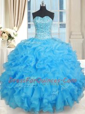 Simple Baby Blue Lace Up Sweet 16 Quinceanera Dress Beading Sleeveless Floor Length