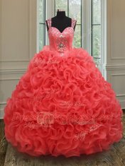 Extravagant Coral Red Straps Zipper Beading Quinceanera Gowns Sleeveless