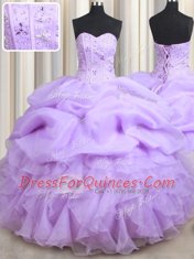 Fitting Lavender Organza Lace Up Sweetheart Sleeveless Floor Length Quince Ball Gowns Beading and Ruffles and Pick Ups