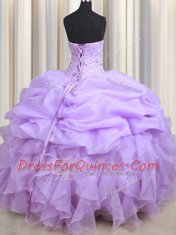 Fitting Lavender Organza Lace Up Sweetheart Sleeveless Floor Length Quince Ball Gowns Beading and Ruffles and Pick Ups