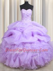 Fitting Lavender Organza Lace Up Sweetheart Sleeveless Floor Length Quince Ball Gowns Beading and Ruffles and Pick Ups