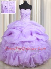 Fitting Lavender Organza Lace Up Sweetheart Sleeveless Floor Length Quince Ball Gowns Beading and Ruffles and Pick Ups