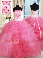 Hot Pink Sleeveless Tulle Lace Up Sweet 16 Quinceanera Dress for Military Ball and Sweet 16 and Quinceanera