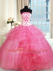 Hot Pink Sleeveless Tulle Lace Up Sweet 16 Quinceanera Dress for Military Ball and Sweet 16 and Quinceanera