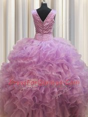 Sexy Lilac V-neck Lace Up Beading Quinceanera Gowns Sleeveless