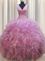 Sexy Lilac V-neck Lace Up Beading Quinceanera Gowns Sleeveless