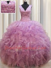 Sexy Lilac V-neck Lace Up Beading Quinceanera Gowns Sleeveless