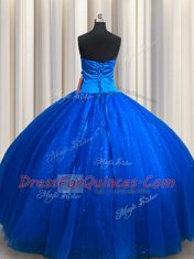 Extravagant Royal Blue Tulle Lace Up Quinceanera Dresses Sleeveless Floor Length Beading and Appliques