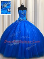 Extravagant Royal Blue Tulle Lace Up Quinceanera Dresses Sleeveless Floor Length Beading and Appliques
