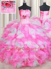 Charming Sleeveless Organza and Tulle Floor Length Lace Up Quinceanera Dress in Pink And White with Beading and Ruffles and Hand Made Flower