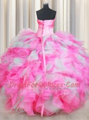 Charming Sleeveless Organza and Tulle Floor Length Lace Up Quinceanera Dress in Pink And White with Beading and Ruffles and Hand Made Flower