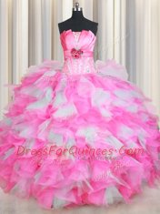 Charming Sleeveless Organza and Tulle Floor Length Lace Up Quinceanera Dress in Pink And White with Beading and Ruffles and Hand Made Flower