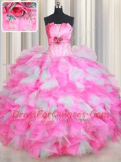 Charming Sleeveless Organza and Tulle Floor Length Lace Up Quinceanera Dress in Pink And White with Beading and Ruffles and Hand Made Flower
