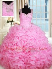 Graceful Straps Floor Length Zipper Quinceanera Dresses Rose Pink for Military Ball and Sweet 16 and Quinceanera with Beading and Ruffles