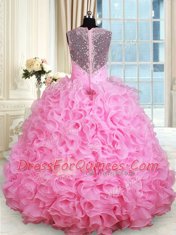 Graceful Straps Floor Length Zipper Quinceanera Dresses Rose Pink for Military Ball and Sweet 16 and Quinceanera with Beading and Ruffles