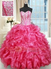 Exquisite Ruffled Floor Length Hot Pink 15 Quinceanera Dress Sweetheart Sleeveless Lace Up