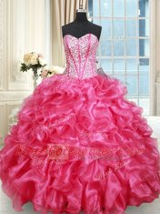 Exquisite Ruffled Floor Length Hot Pink 15 Quinceanera Dress Sweetheart Sleeveless Lace Up