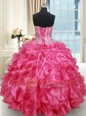 Exquisite Ruffled Floor Length Hot Pink 15 Quinceanera Dress Sweetheart Sleeveless Lace Up