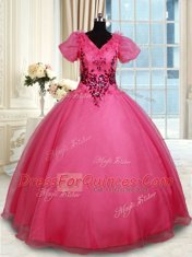 Glamorous Coral Red Ball Gowns Beading Quince Ball Gowns Lace Up Organza Short Sleeves Floor Length