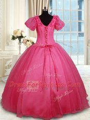 Glamorous Coral Red Ball Gowns Beading Quince Ball Gowns Lace Up Organza Short Sleeves Floor Length