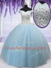Admirable Off the Shoulder Light Blue Sleeveless Tulle Lace Up Vestidos de Quinceanera for Military Ball and Sweet 16 and Quinceanera