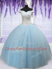 Admirable Off the Shoulder Light Blue Sleeveless Tulle Lace Up Vestidos de Quinceanera for Military Ball and Sweet 16 and Quinceanera