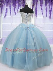 Admirable Off the Shoulder Light Blue Sleeveless Tulle Lace Up Vestidos de Quinceanera for Military Ball and Sweet 16 and Quinceanera