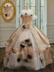 Gorgeous Off the Shoulder Floor Length Zipper Sweet 16 Quinceanera Dress Champagne for Military Ball and Sweet 16 and Quinceanera with Lace and Ruffles and Hand Made Flower