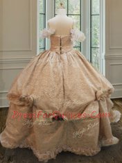 Gorgeous Off the Shoulder Floor Length Zipper Sweet 16 Quinceanera Dress Champagne for Military Ball and Sweet 16 and Quinceanera with Lace and Ruffles and Hand Made Flower