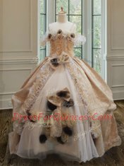 Gorgeous Off the Shoulder Floor Length Zipper Sweet 16 Quinceanera Dress Champagne for Military Ball and Sweet 16 and Quinceanera with Lace and Ruffles and Hand Made Flower