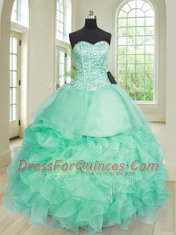 Floor Length Lace Up Ball Gown Prom Dress Apple Green for Military Ball and Sweet 16 and Quinceanera with Beading and Ruffles