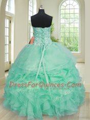 Floor Length Lace Up Ball Gown Prom Dress Apple Green for Military Ball and Sweet 16 and Quinceanera with Beading and Ruffles