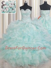 Light Blue Organza Lace Up Quince Ball Gowns Sleeveless Floor Length Beading and Ruffles