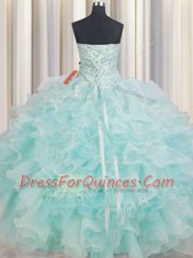 Light Blue Organza Lace Up Quince Ball Gowns Sleeveless Floor Length Beading and Ruffles