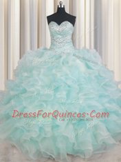Light Blue Organza Lace Up Quince Ball Gowns Sleeveless Floor Length Beading and Ruffles