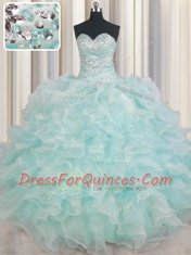 Light Blue Organza Lace Up Quince Ball Gowns Sleeveless Floor Length Beading and Ruffles