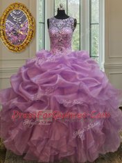 Custom Fit See Through Lilac Scoop Lace Up Beading and Ruffles 15 Quinceanera Dress Sleeveless