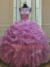 Custom Fit See Through Lilac Scoop Lace Up Beading and Ruffles 15 Quinceanera Dress Sleeveless