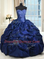 Enchanting Sweetheart Sleeveless Quince Ball Gowns Floor Length Appliques and Pick Ups Navy Blue Taffeta
