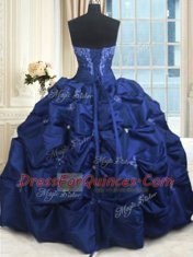 Enchanting Sweetheart Sleeveless Quince Ball Gowns Floor Length Appliques and Pick Ups Navy Blue Taffeta