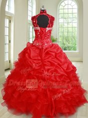 See Through Floor Length Red Sweet 16 Dresses Organza Sleeveless Beading and Ruffles and Pick Ups