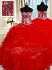 Nice Red Ball Gowns Ruffles and Sequins Quinceanera Dresses Lace Up Tulle Sleeveless Floor Length