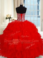 Nice Red Ball Gowns Ruffles and Sequins Quinceanera Dresses Lace Up Tulle Sleeveless Floor Length