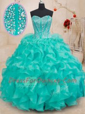 Suitable Sweetheart Sleeveless Lace Up Quinceanera Dresses Turquoise Organza